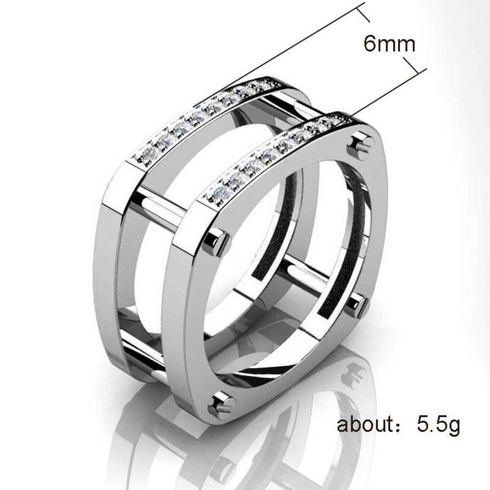 ▶Square Glitter Zircon Double Layer Silver Plated Ring for Men, L187 - Picture 3 of 6